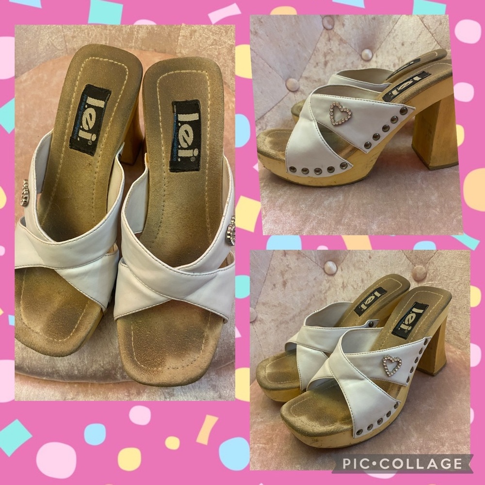 vintage late 90s early 2000s wooden open toe heels with heart stud